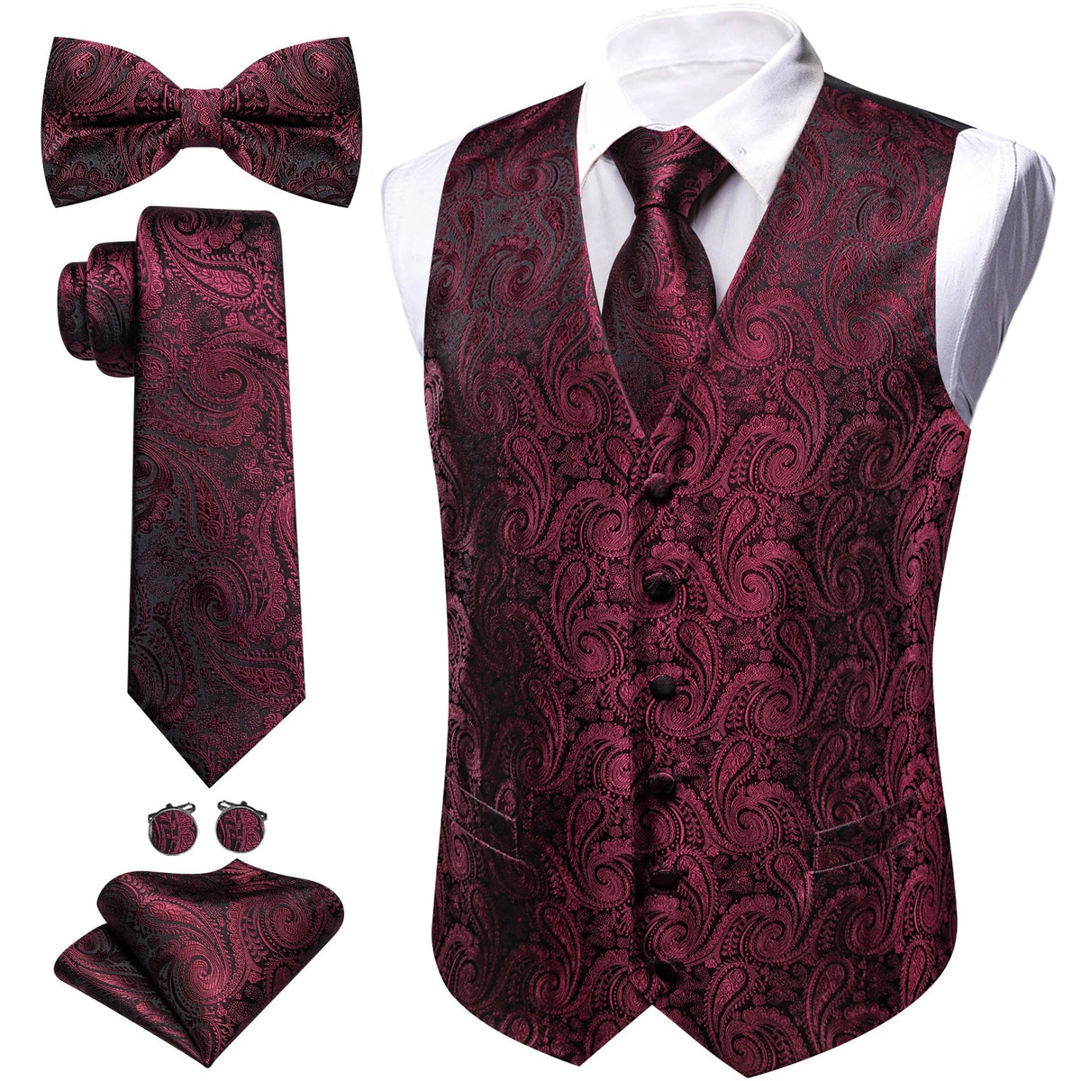 Men's Jacquard Suit Vest Set with Tie, Bow Tie, Pocket Square & Cufflinks – Wedding & Formal