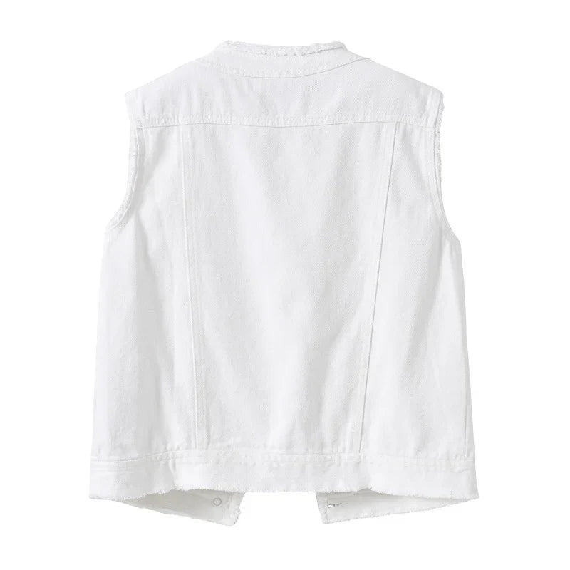 Autumn Women Denim Vests Sleeveless Waistcoat Students Casual Sleeveless Tops Jeans Jackets Pink Yellow White Orange Green 5XL