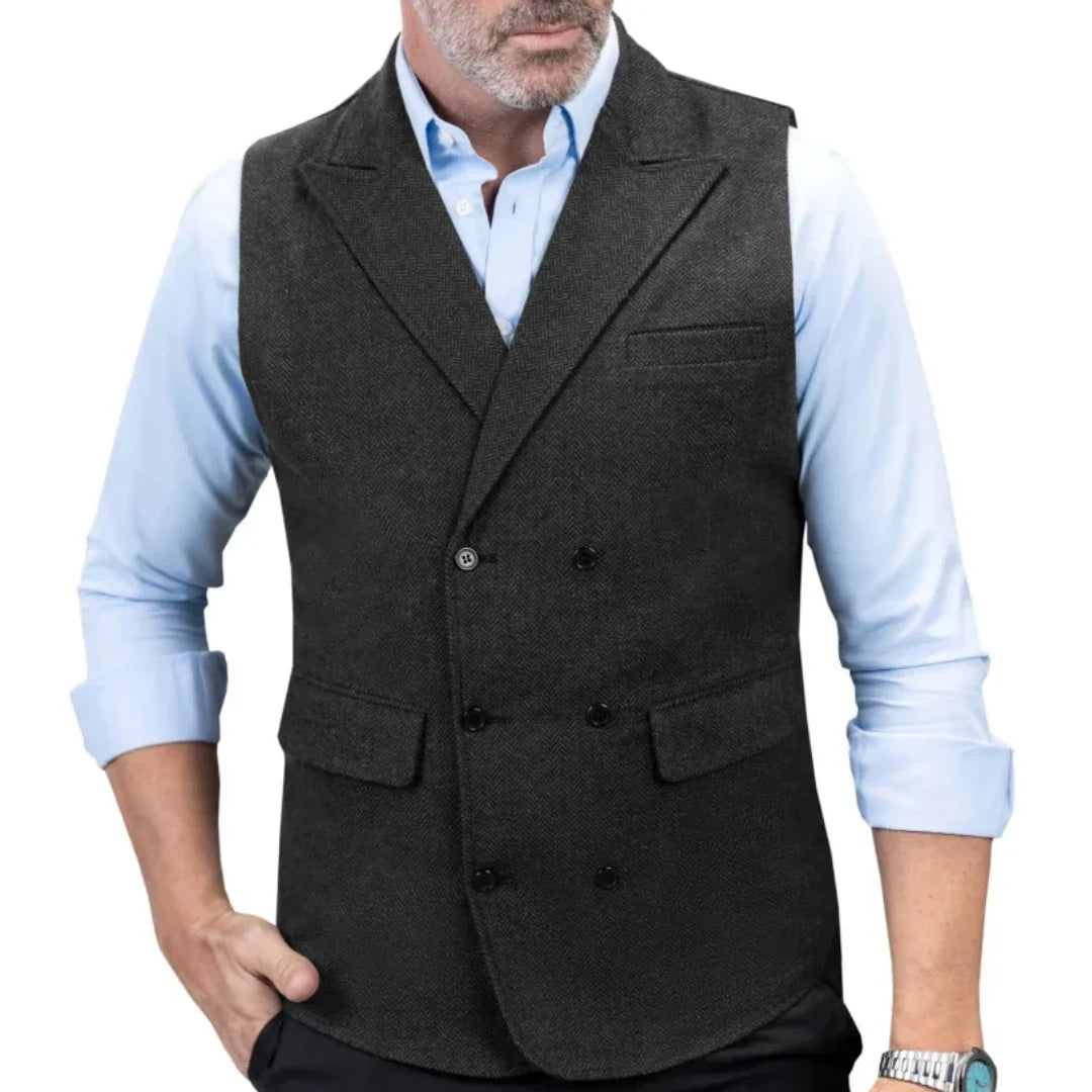 Men's Double-Breasted Herringbone Vest for Weddings & Formal Occasions