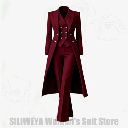 Women's Suit 3 Piece Double Breasted Long Coat Vest Pants Elegant Formal Business Wear Luxury Wedding Party Prom Outfit 2026