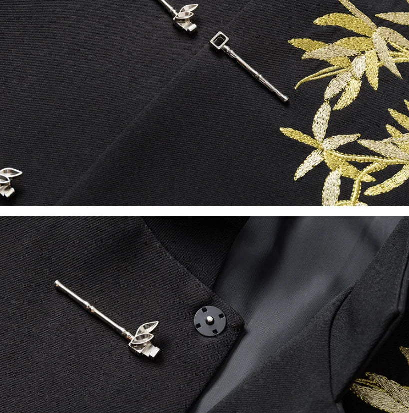 Blazer Hombre Men Luxury Clothing Oversized Chinese Style Golden Bamboo Embroidery Metal Buckle Elegant Suit for Man Jacket Coat