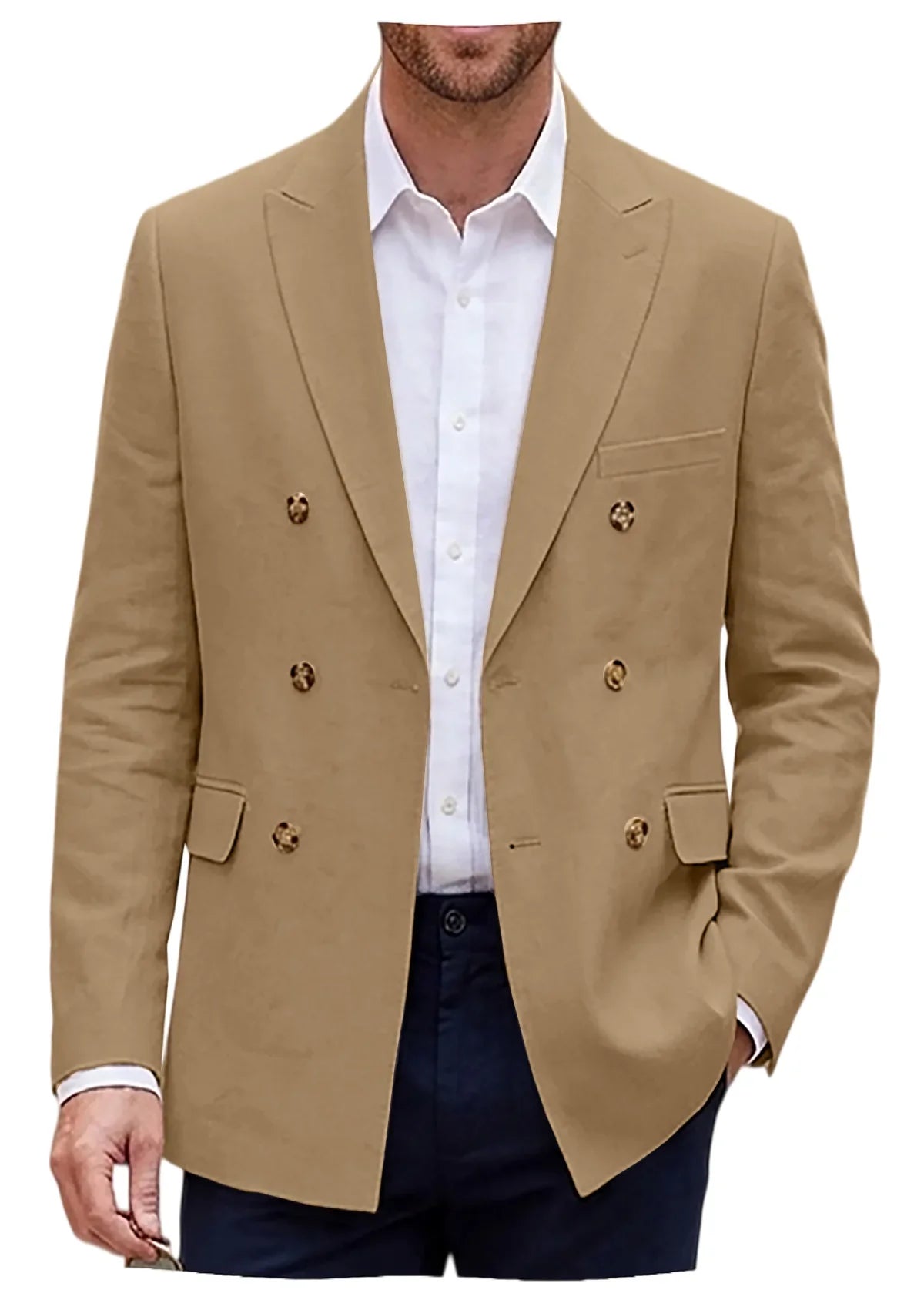 Men's Double Breasted Linen Blazer Slim Fit Suit Jacket Formal Business Casual Coat Wedding Party Spring Summer Streetwear