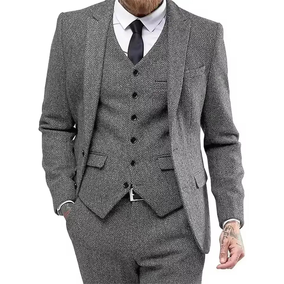 Classic Herringbone Tweed Mens Suits Stylish Vintage Tuxedo Set 3 Pieces Blazer Vest and Pant For Wedding Business Evening Party