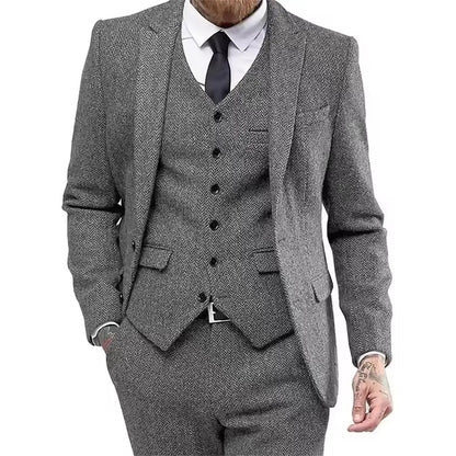 Classic Herringbone Tweed Mens Suits Stylish Vintage Tuxedo Set 3 Pieces Blazer Vest and Pant For Wedding Business Evening Party
