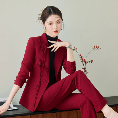 High End Khaki Elegant Fashion Two Piece Set Fashion Women Slim Single Button Blazer And Flare Pant Office Lady Work Wear