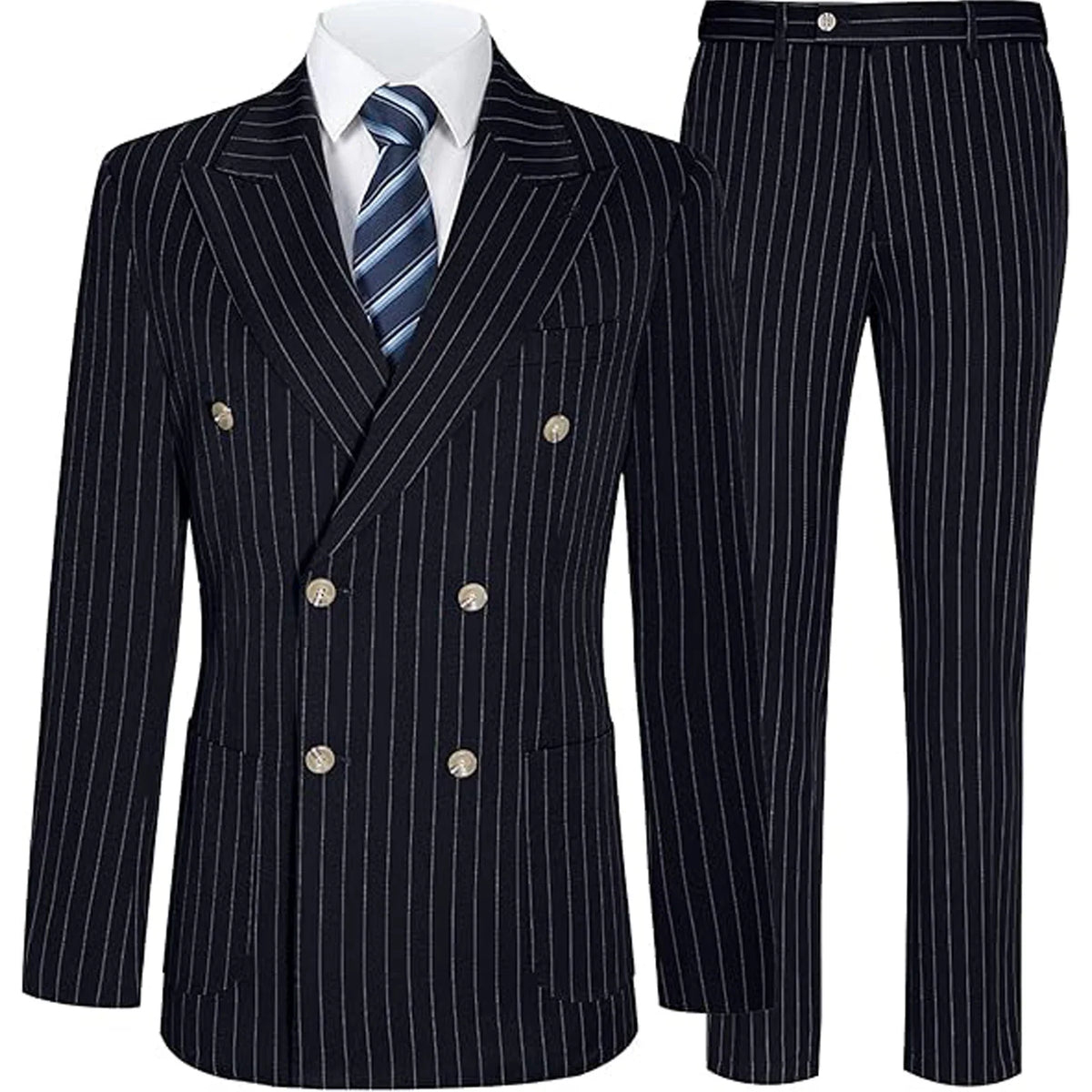 Men's Slim Fit Double Breasted Striped Suit – 2 Piece Blazer and Pants for Weddings and Formal Occasions