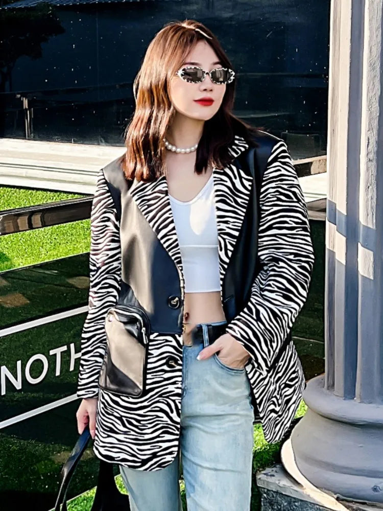 Fashion Women Sheepskin Spliced Mid-Long Blazers Coat Long Sleeve Notched Collar Single Breasted Zipper Pocket Casual Jacket Top