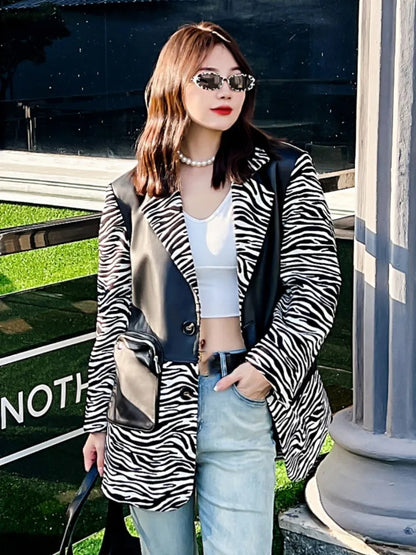 Fashion Women Sheepskin Spliced Mid-Long Blazers Coat Long Sleeve Notched Collar Single Breasted Zipper Pocket Casual Jacket Top