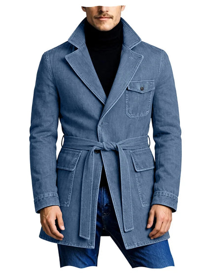 Men's Vintage Mid Length Belted Denim Trench Coat Notched Lapel Casual Workwear Outerwear Stylish Daily Streetwear Jacket