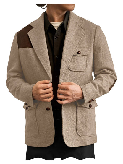 Men's Herringbone Tweed Blazer Shoulder Patchwork Suede Notch Lapel Suit Jacket Classic Fit Casual Business Vintage Sport Coat