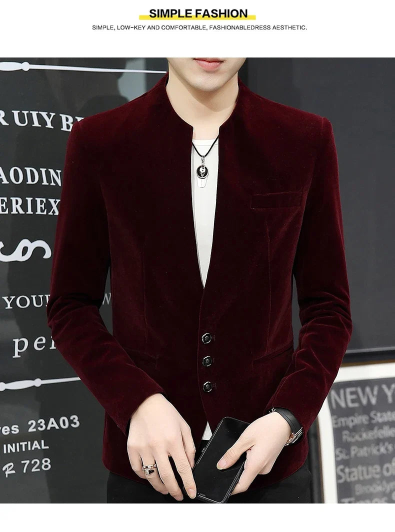 Slim Fit Velvet Yuan Collar Shirt Korean Style Fashion Trend Handsome Canary Boutique Coat New Version Small Yuan Collar Suit
