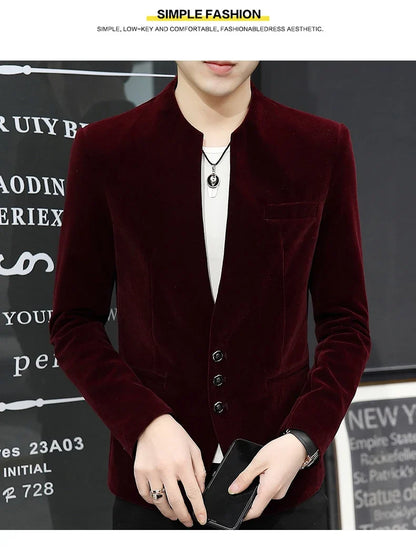 Slim Fit Velvet Yuan Collar Shirt Korean Style Fashion Trend Handsome Canary Boutique Coat New Version Small Yuan Collar Suit