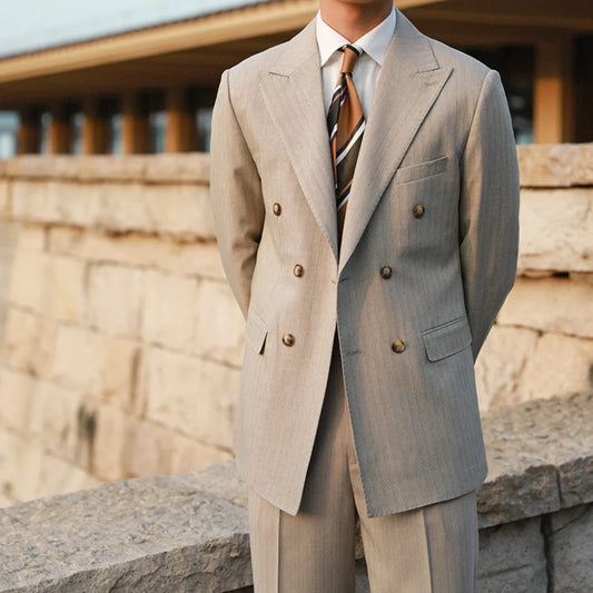 Suit Men 2023 Khaki Light Grey Double Breasted 2 Pcs( Blazer+pants) Leisure Wedding Groomsmen Business Slim Fit Trajes De Hombre