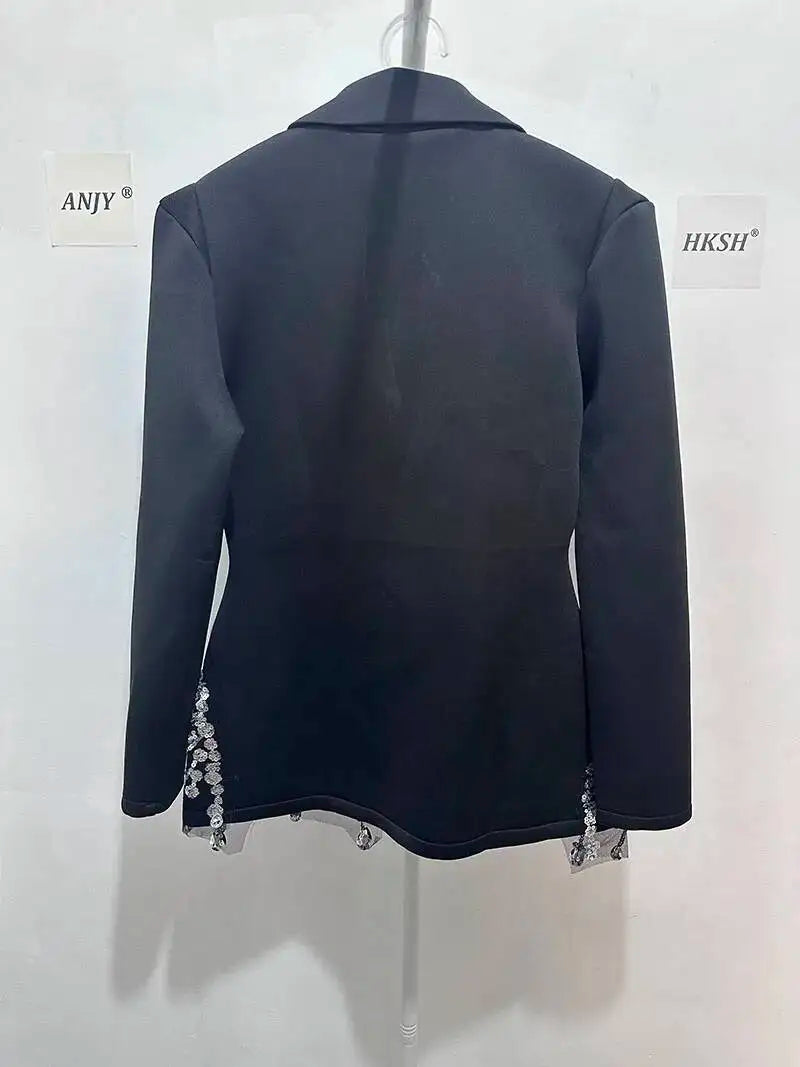 Sexy Socialite Style Blazer Dress 2025 Spring Autumn New Women's Turn-Down Collar Long Sleeve Sequin Diamond Jacket  HK8313