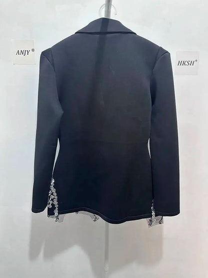 Sexy Socialite Style Blazer Dress 2025 Spring Autumn New Women's Turn-Down Collar Long Sleeve Sequin Diamond Jacket  HK8313
