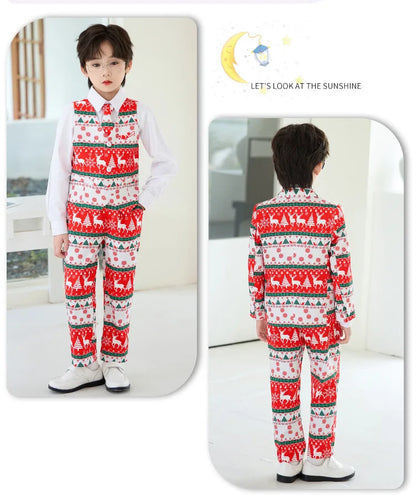 Boys Christmas Blazer Jacket Waistcoat Pants Wedding Suits Kids Morning Coat Formal Dress Children Tuxedos Toddler Clothes Sets