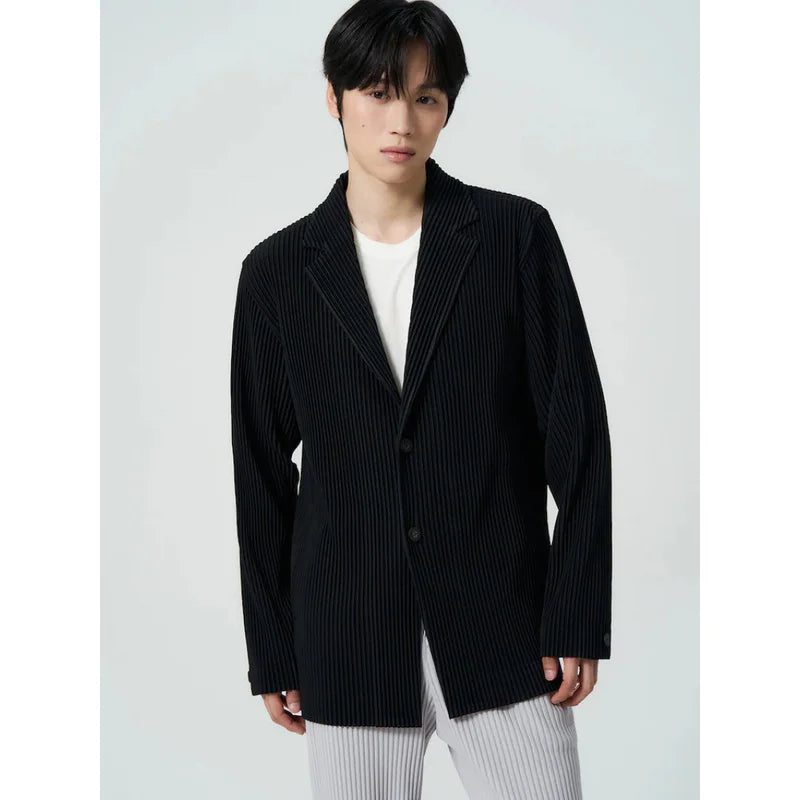 Miyake Pleated Men's Blazer Jacket Japanese Style Slim Fit Suit Coat Stretch Business Casual Office Fashion Luxury Wrinkle Free