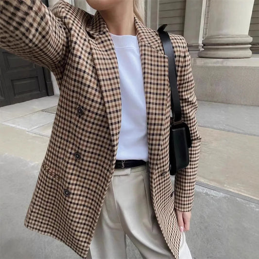 2025 Winter Women's Plaid Long Sleeve Suiting Clothes Commute Slim Fit Top Regular Outerwear Polyester No-iron Treatment