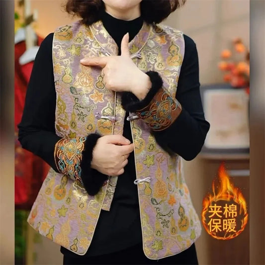 Korean Lady Jacquard Sleeveless Coat Autumn Winter Women Chinese Style Waistcoat Jacket Femme Large Size 5XL Cardigan Vest Tops