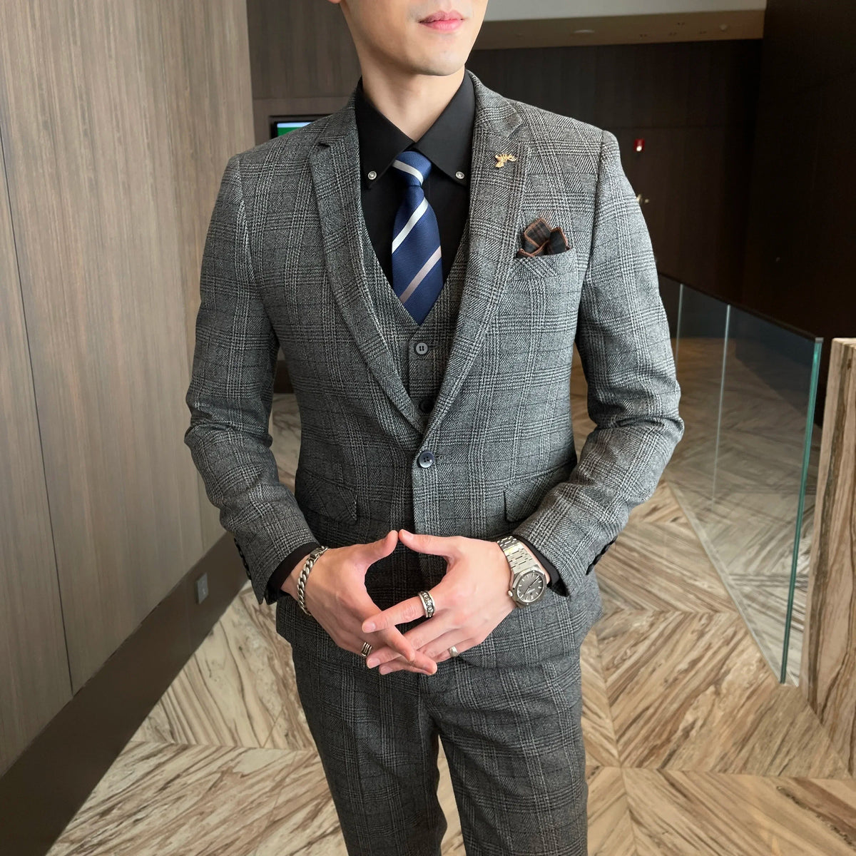 Ensemble costume trois pièces à carreaux modifié de haute qualité de style coréen britannique pour hommes - Gilet et pantalon de costume décontracté élégant