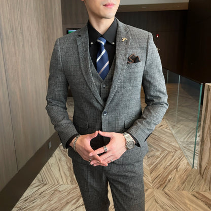 Ensemble costume trois pièces à carreaux modifié de haute qualité de style coréen britannique pour hommes - Gilet et pantalon de costume décontracté élégant