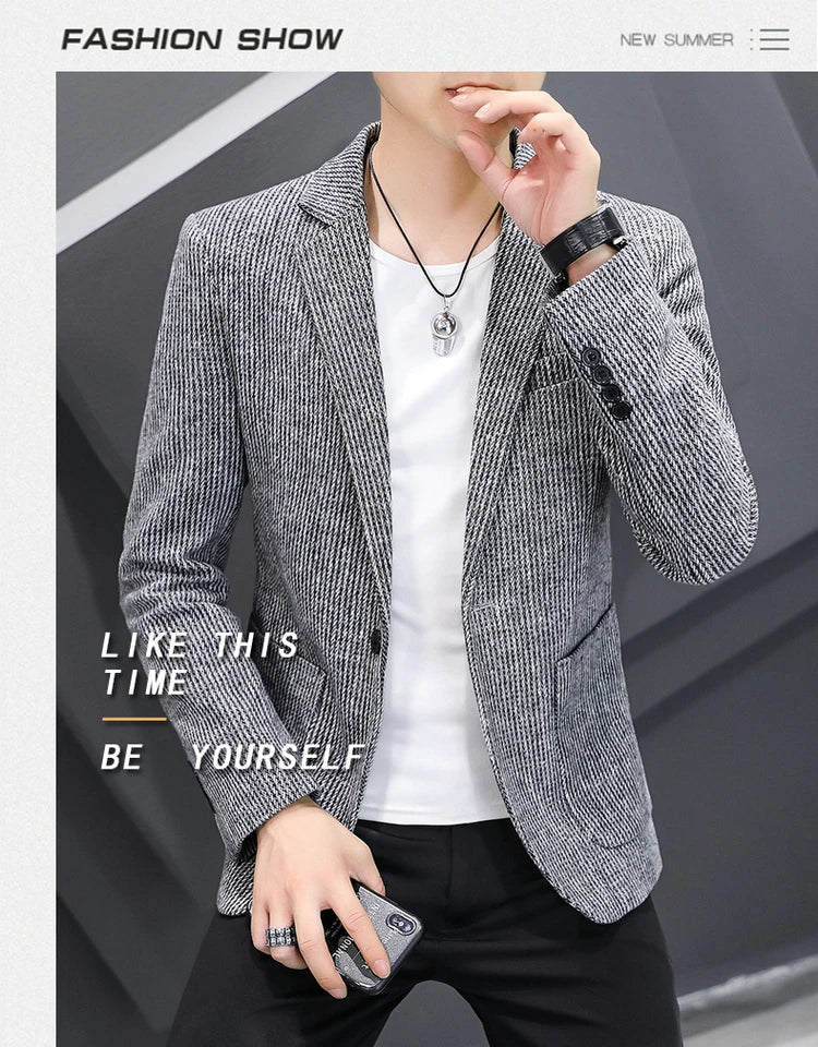Blazer New Men's Fashion Business Vertical Strip Gentleman Slim Wool Shopping Outdoor Performance Wedding Banquet Casual Blazer