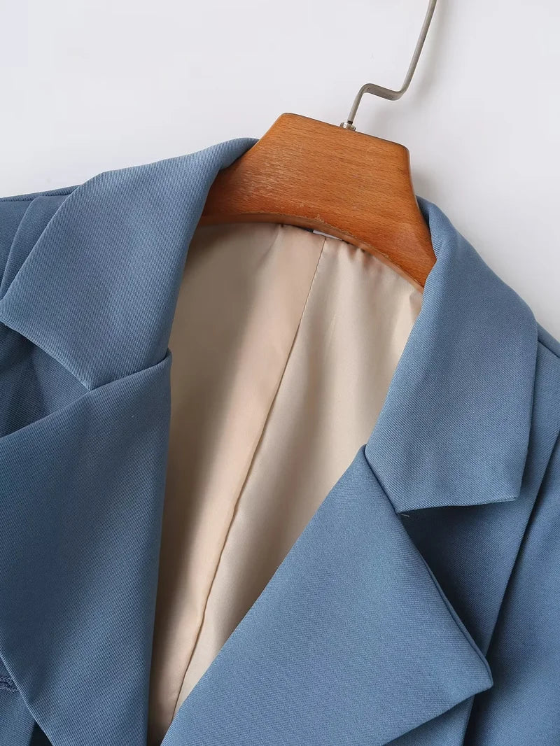 Women's Blue Blazer Jacket Vintage Office Ladies Long Sleeve Single Breasted Cropped Outerwear Suit Coat Y2k 2000s Spring Autumn