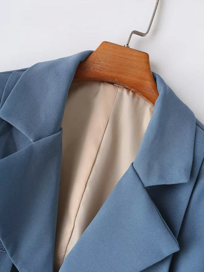 Women's Blue Blazer Jacket Vintage Office Ladies Long Sleeve Single Breasted Cropped Outerwear Suit Coat Y2k 2000s Spring Autumn