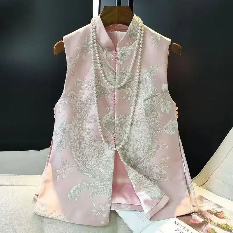 New Phoenix Print Cardigan Women Loose Sleeveless Vest Jackets Chinese Style Tang Suit Cheongsam Spring Summer Vest Vintage Coat