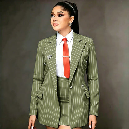 Vintage Peaked Lapel Stripe Women Suits Elegant Blazer+Mini Skirt 2 Pieces Slim Fit Office Lady Wear Customized Set