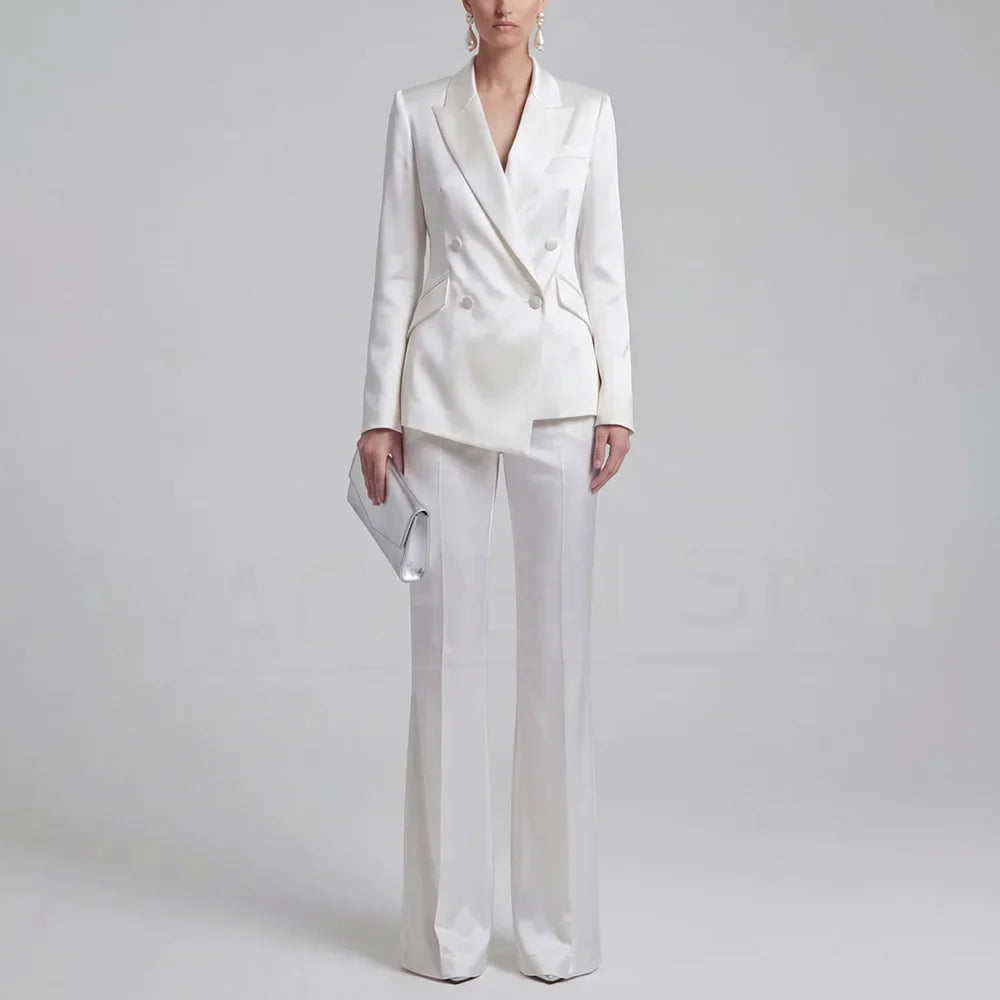 Fashion Satin Women Suit 2 Piece Peak Lapel Slim Wear Elegant Business Casual Party Chic Lady Formal Outfit (Jacket+Trousers)