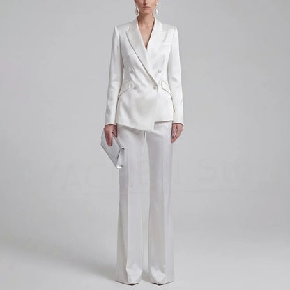 Fashion Satin Women Suit 2 Piece Peak Lapel Slim Wear Elegant Business Casual Party Chic Lady Formal Outfit (Jacket+Trousers)