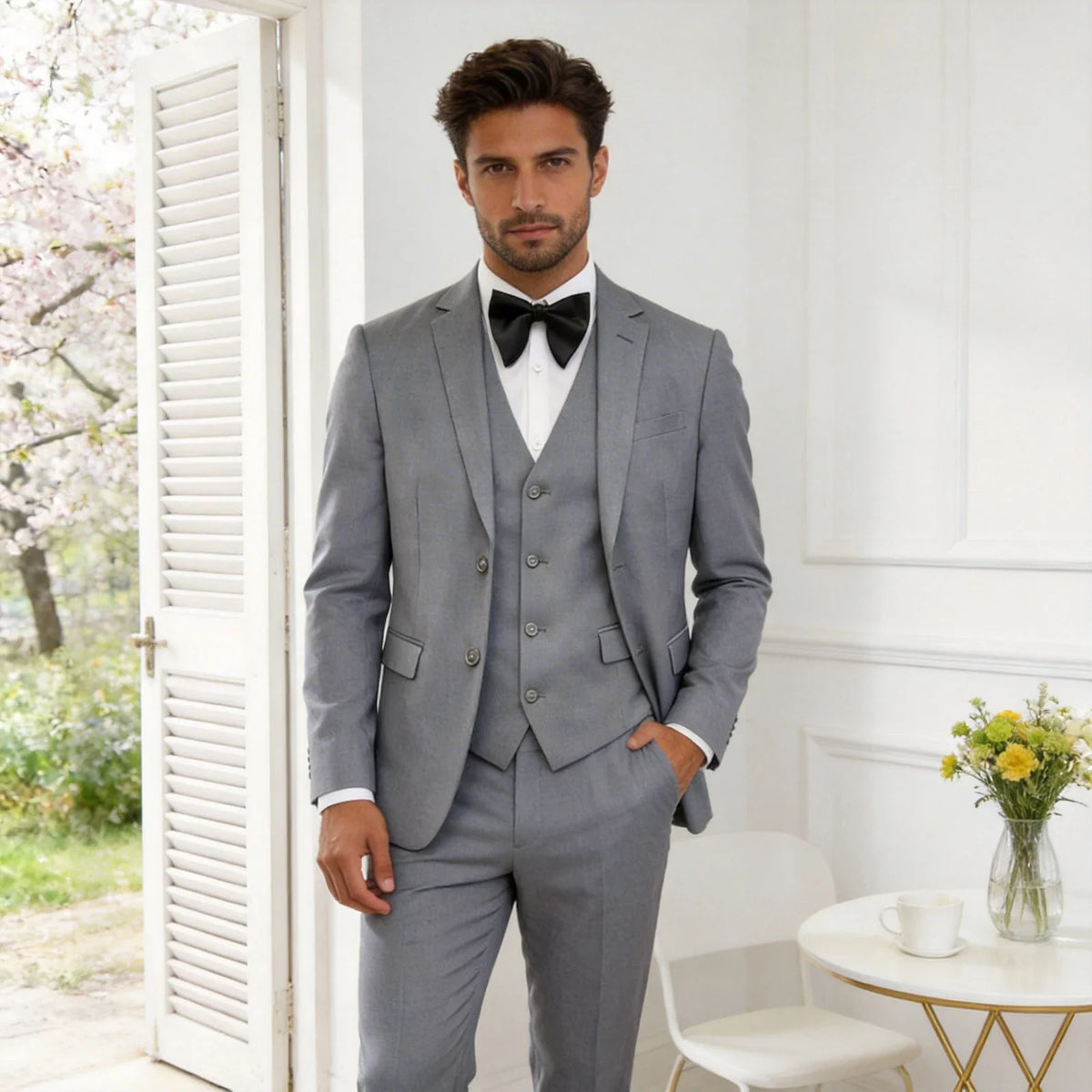 Leisure Grey Men's Suit 3 Pieces Blazer Vest Pants Bow Collar Lapel Slim Fit Wedding Tuxedos Work Business Formal Customized