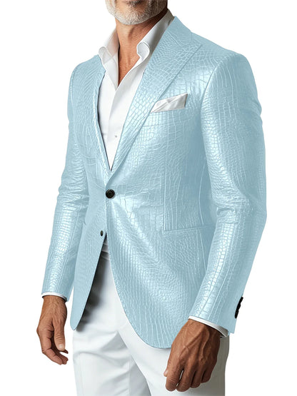 Men's Crocodile PU Leather Blazer Jacket Vintage Single Breasted Suit Coat Fashion Party Wedding Business Casual Outerwear