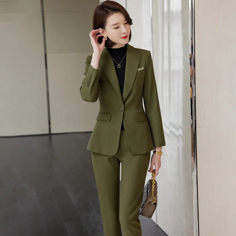 Ladies Blazer And Pant Suit Formal Army Green Khaki Gray Black Solid Women Jacket Trouser Female Business Work Wear 2 Piece Set