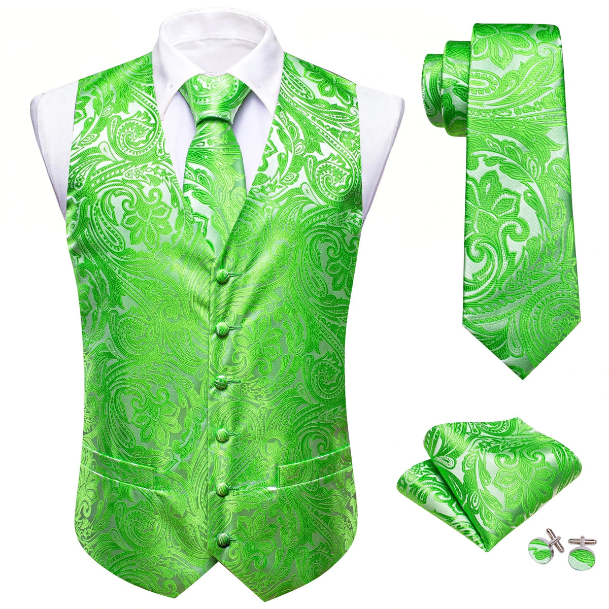 Men's Jacquard Waistcoat 4-Piece Set with Necktie Pocket Square and Cufflinks for Wedding and Formal Occasions