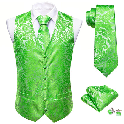 Men's Jacquard Waistcoat 4-Piece Set with Necktie Pocket Square and Cufflinks for Wedding and Formal Occasions