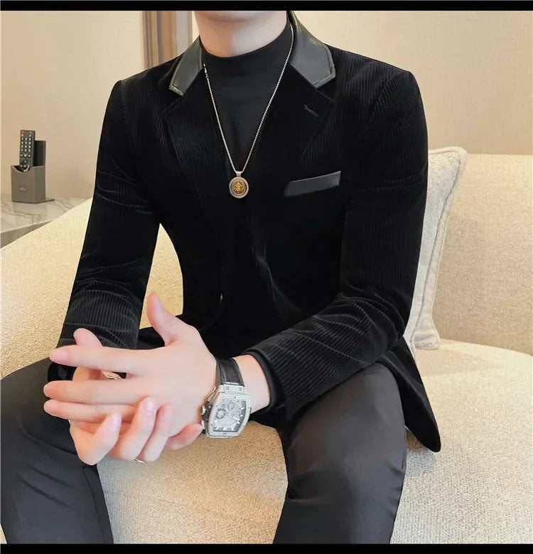 Autumn Winter Corduroy Suit Coat For Men Korean Elegant Slim Fit Business Formal Dress Coats Groom Wedding Tuxedo Suit Jacket
