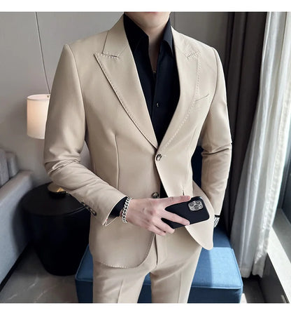 Jacket + Pants 2 Pieces Men's Elegant Fashion Slim Fit Suits Formal Business Wedding Tuxedos Casual Gentleman Solid Dress Suit