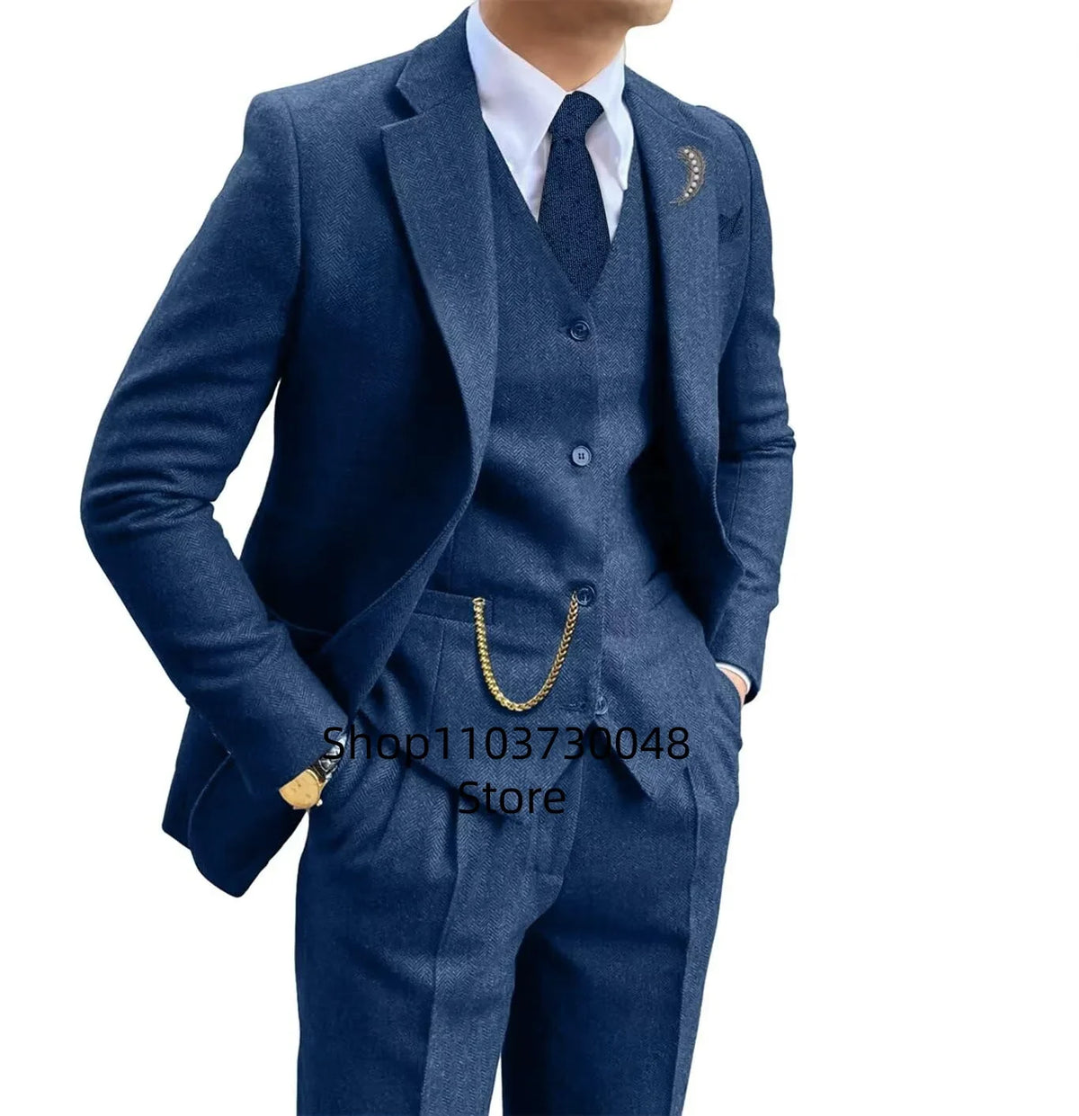 Slim Fit Blue Mens Tweed Herringbone Wedding Suit Prom Groom Tuxedos 3 Piece Notch Lapel Tweed for Business(Blazer+Vest+Pants)