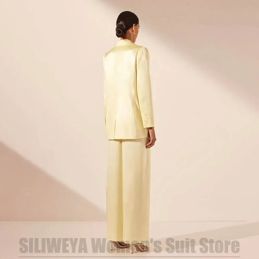 Women's Satin Suit Double Breasted Solid Color Outfit Formal Notch Lapel Two Piece Elegant Casual Daily Wear Stylish Suits