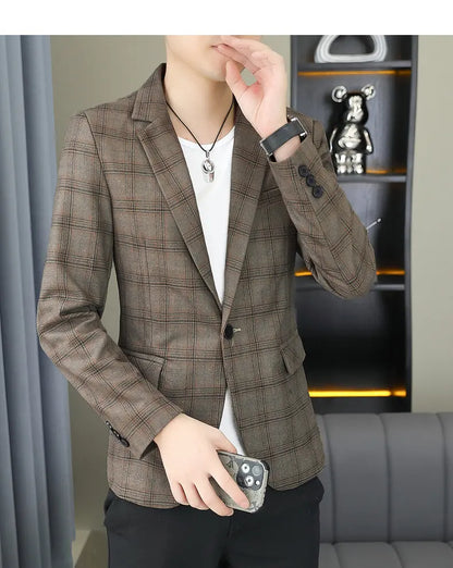 2026 Blazer Outdoor men's checked fashion business trend Wedding Slimming Gentleman Casual Korean travel high formal Wear Blazer