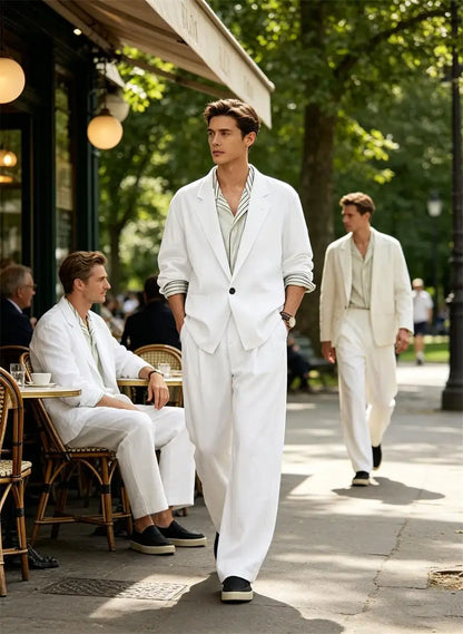 Men's Linen Blazer Suit Set Lightweight Breathable Casual Jacket Business Vacation Party Wedding Spring Summer Autumn Daily Wear
