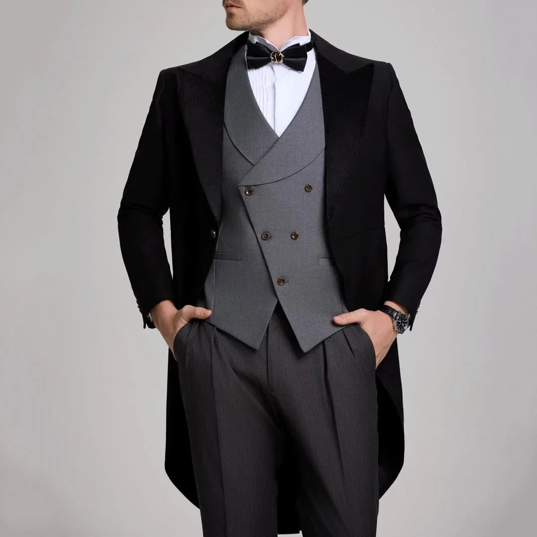 Men Suit 3 Pieces Black With Lapel Tuxedo Set For Wedding Birthday Party Prom Banquet Business Jacket Vest Pants