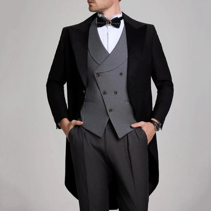 Men Suit 3 Pieces Black With Lapel Tuxedo Set For Wedding Birthday Party Prom Banquet Business Jacket Vest Pants