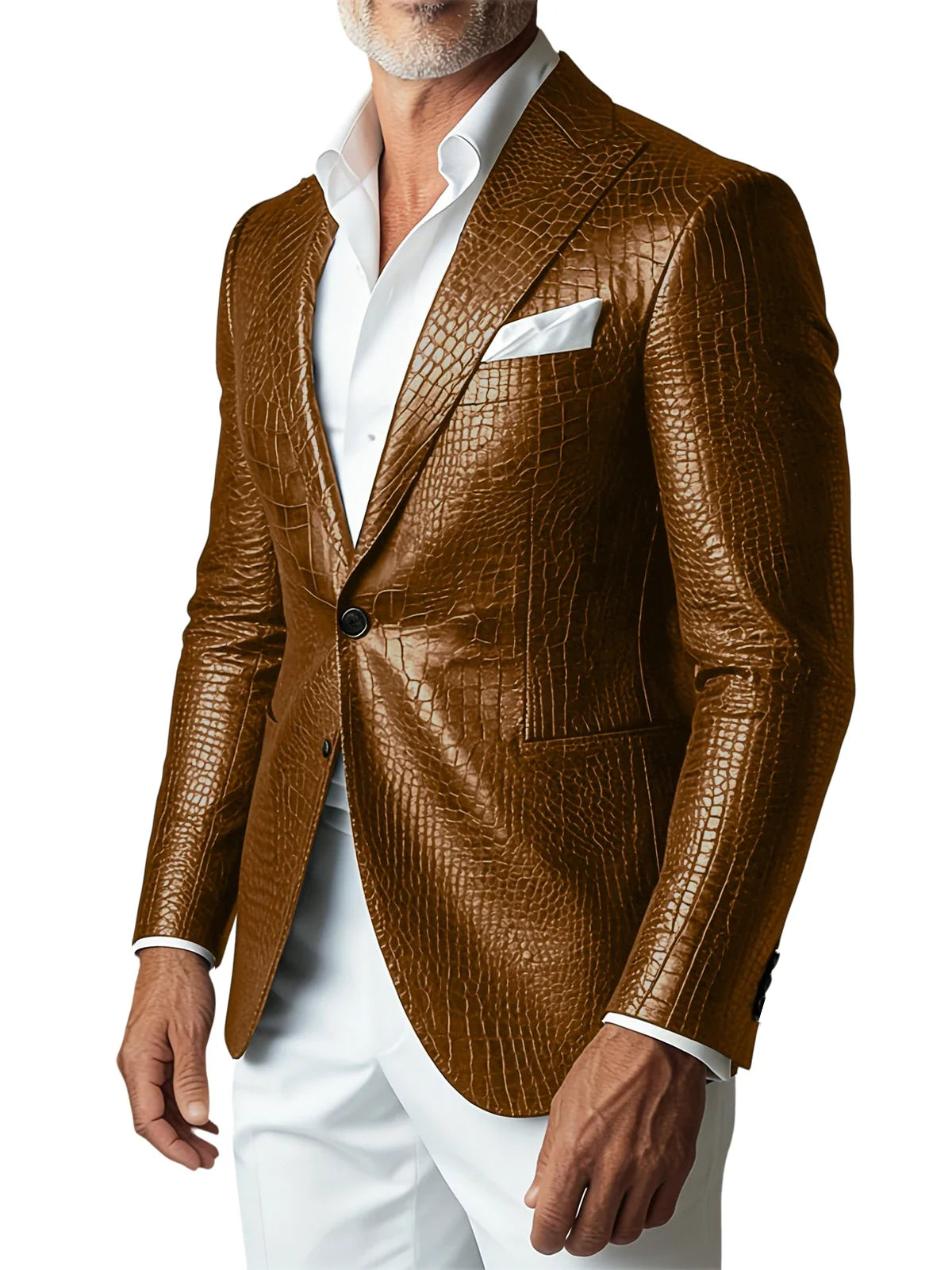Men's Crocodile PU Leather Blazer Jacket Vintage Single Breasted Suit Coat Fashion Party Wedding Business Casual Outerwear