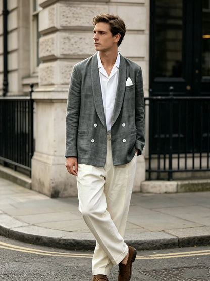 Summer Cotton Linen Blend Men Blazer Double Breasted Casual Suit Jacket Lightweight Soft Elegant Dress Coat For Prom Work Party
