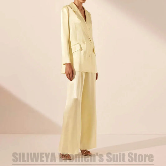 Women's Satin Suit Double Breasted Solid Color Outfit Formal Notch Lapel Two Piece Elegant Casual Daily Wear Stylish Suits
