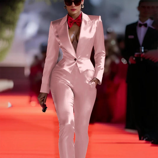 Shiny Red Women Clothes Eye-catching Single Button Peaked Lapel Suit Luxury Tailored Blazer+Pants Set for Evening Party
