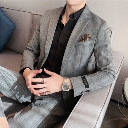 (Jacket+Pant) 2023 Latest Design Check Men Suit Groom Wedding Stage Tuxedos Best Costume Men Business Social Suits 2 Piece Set